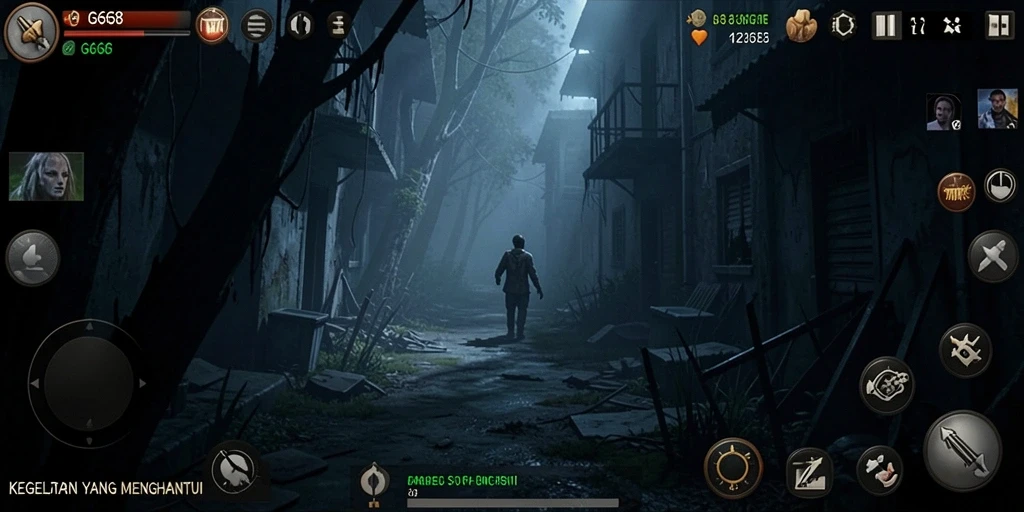 Tampilan gameplay menegangkan di dunia penuh kegelapan dan misteri.