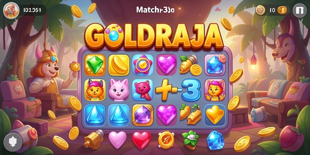 Screenshot gameplay GOLDRAJA dengan berbagai elemen Match-3 yang menarik.
