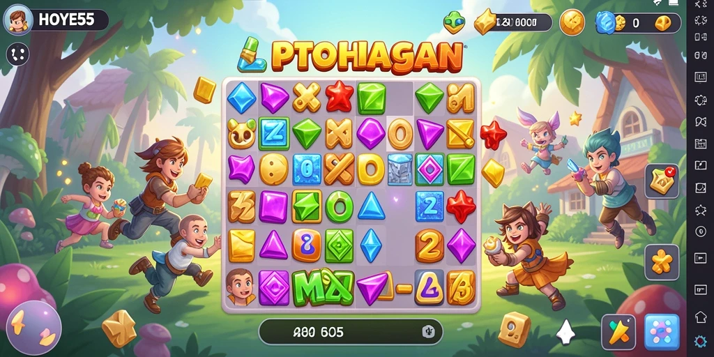 Gameplay seru dari HOYE55 menampilkan pencocokan batu permata yang menantang.