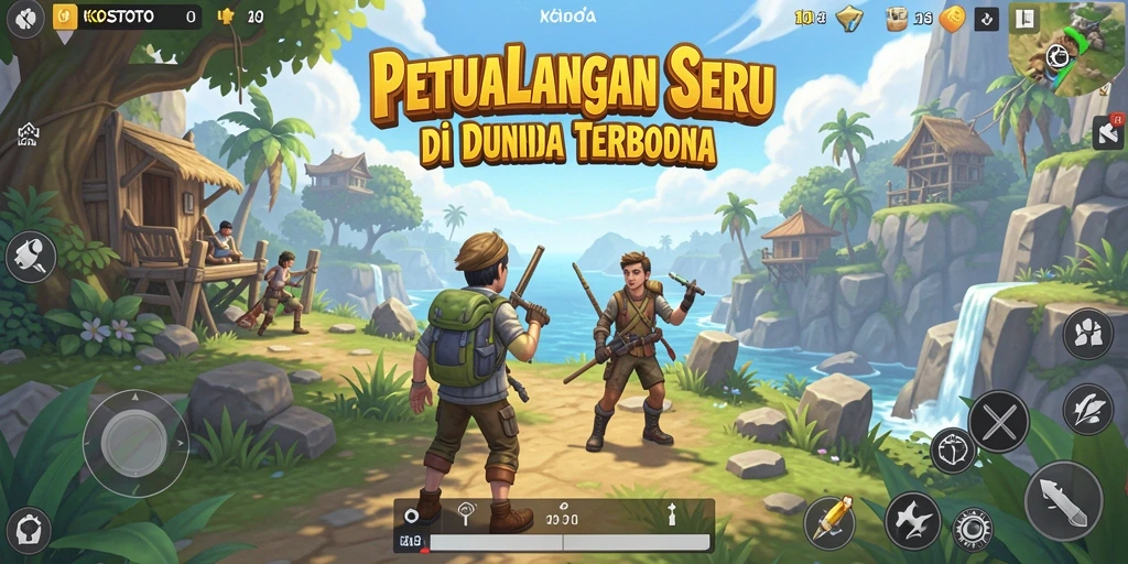 Screenshot gameplay KOSTOTO yang menunjukkan eksplorasi dunia terbuka.