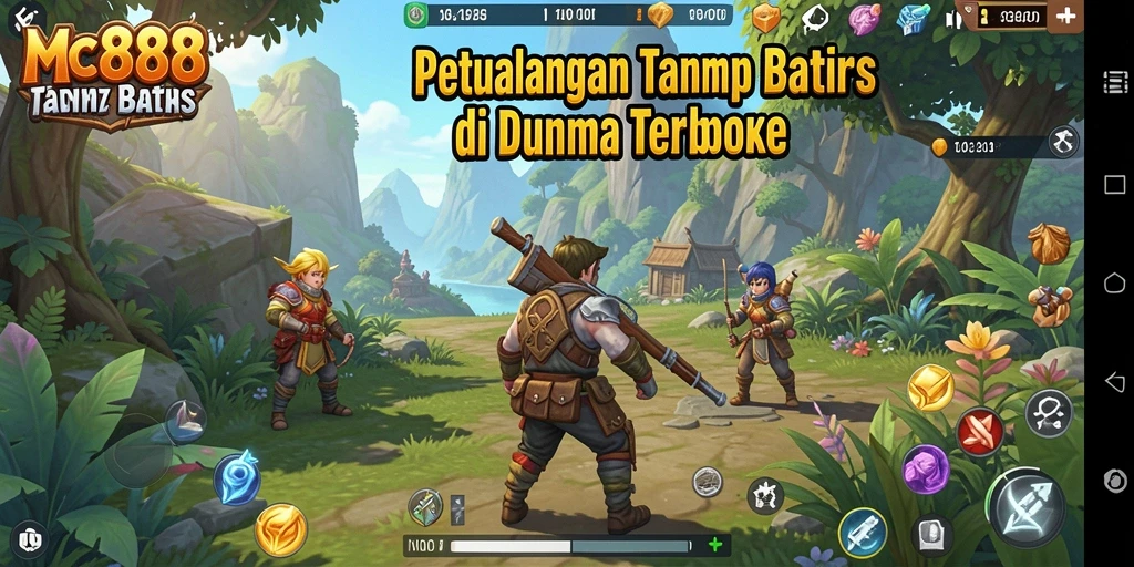Screenshot gameplay MC888 menunjukkan eksplorasi dunia luas dengan berbagai karakter.