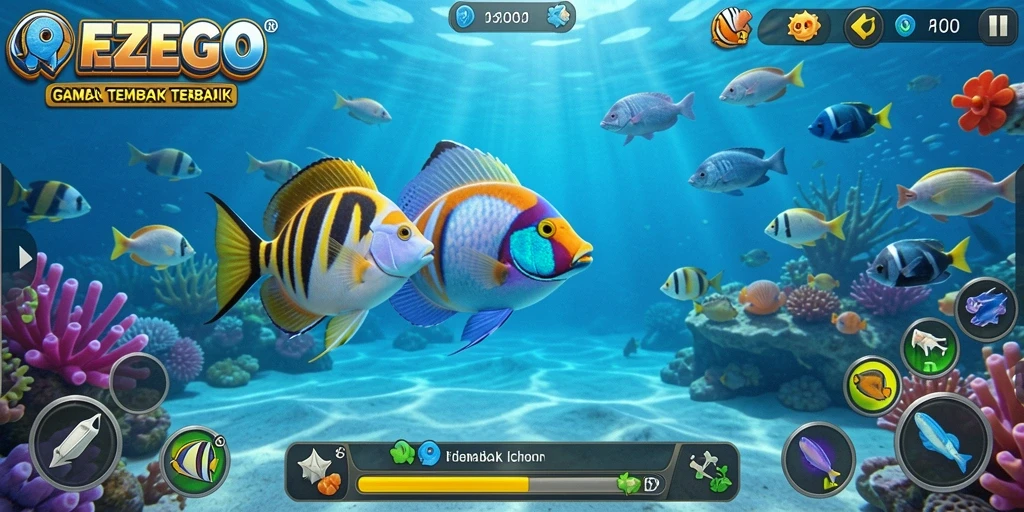 Screenshot gameplay REZEGO menampilkan aksi tembak ikan yang seru.