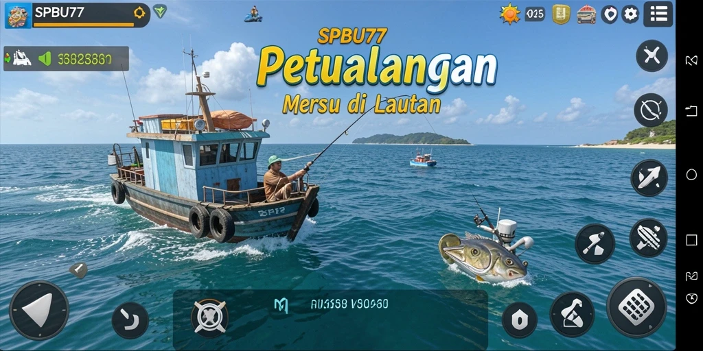 Tampilan gameplay SPBU77 saat memancing di laut yang cerah.