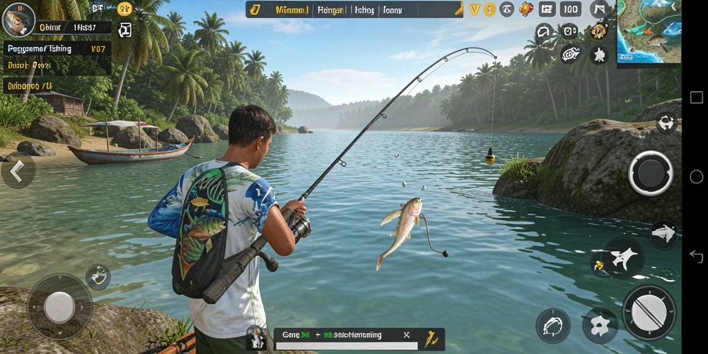 Tampilan gameplay memancing V87 yang menarik dan realistis.