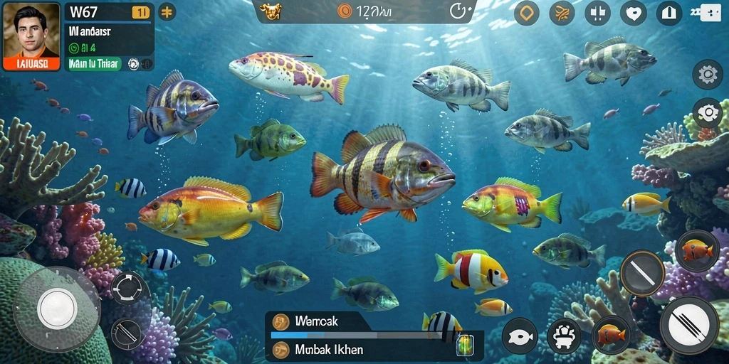 Gameplay seru W67 saat menembak ikan yang beragam.